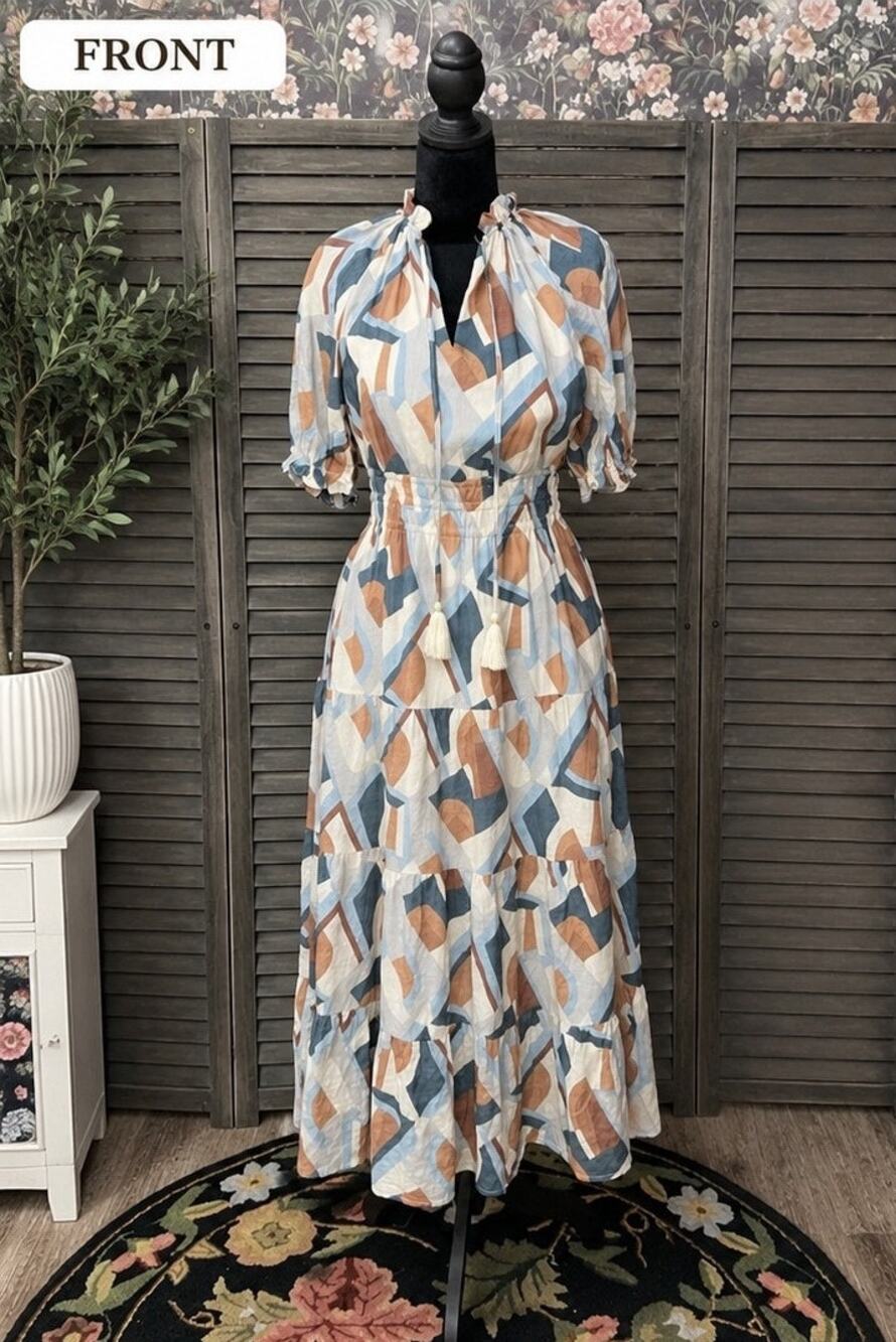 THML Multicolor Geometric Print Maxi Dress XS NWOT Cotton Blend Pockets Smocked
